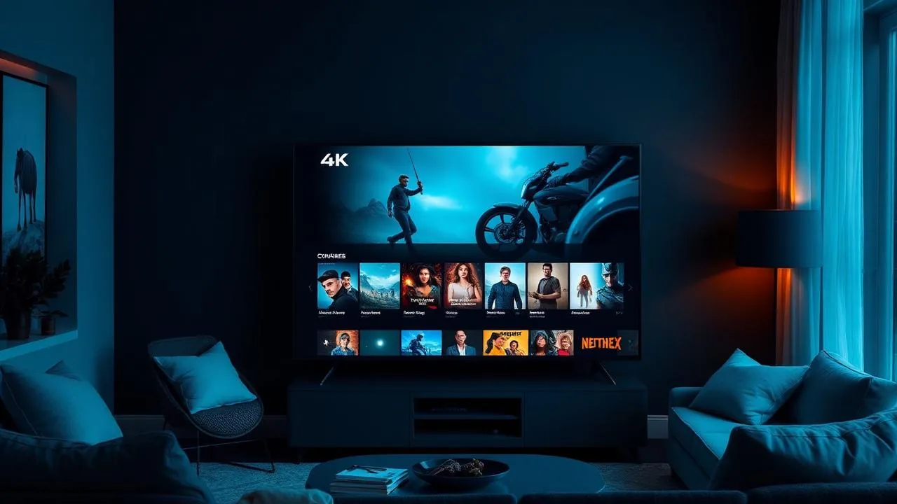 Smart TV rodando HD Player com interface 4K em sala escura